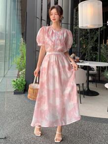 DAZY 滿版印花前紐扣泡泡袖襯衫和半身裙 - 粉色 - 查看 5