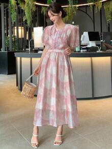 DAZY 滿版印花前紐扣泡泡袖襯衫和半身裙 - 粉色 - 查看 7