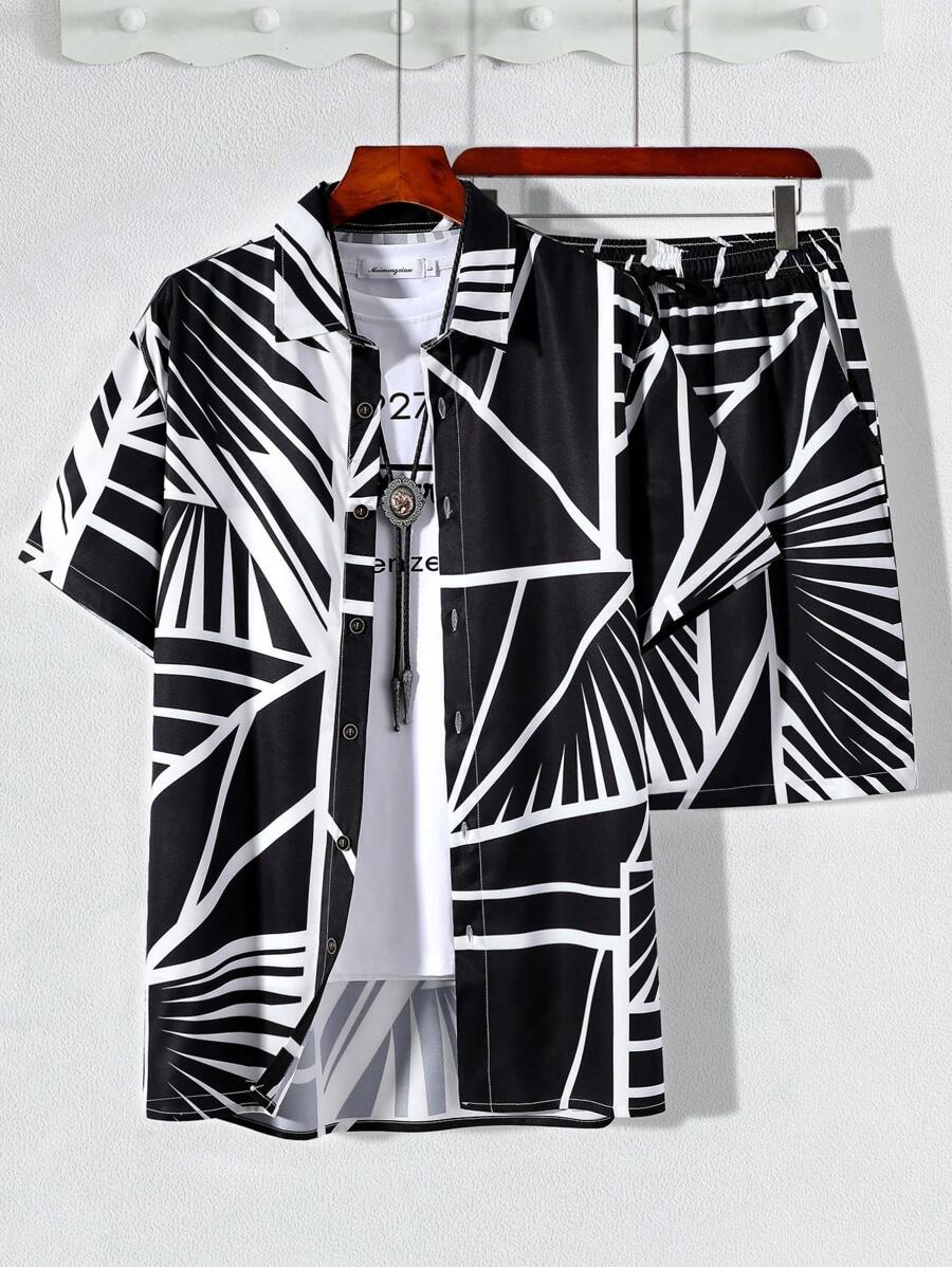 Manfinity RSRT Men Geo Print Shirt & Shorts Without Tee - Black and White - View 1