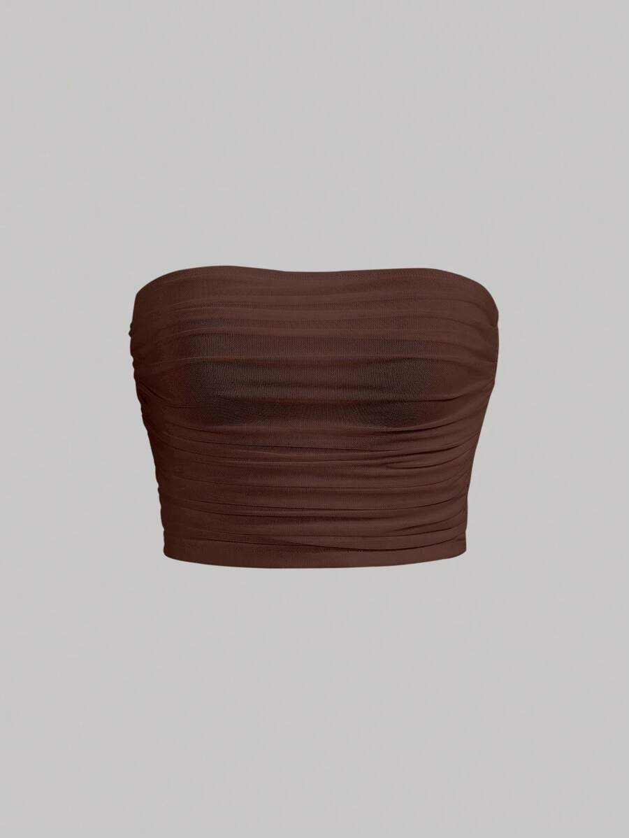 SHEIN MOD Solid Ruched Mesh Tube Top Strapless Top - Chocolate Brown - View 1