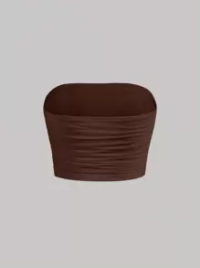 SHEIN MOD Solid Ruched Mesh Tube Top Strapless Top - Chocolate Brown - View 2