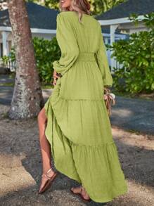 SHEIN LUNE Solid Shirred Waist Frill Trim Ruffle Hem A-line Dress - Lime Green - View 2