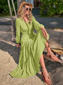 SHEIN LUNE Solid Shirred Waist Frill Trim Ruffle Hem A-line Dress - Lime Green - View 3