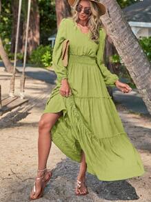 SHEIN LUNE Solid Shirred Waist Frill Trim Ruffle Hem A-line Dress - Lime Green - View 4