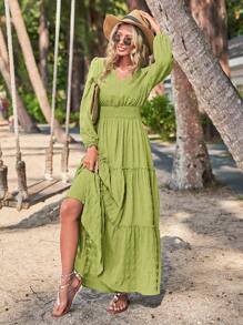 SHEIN LUNE Solid Shirred Waist Frill Trim Ruffle Hem A-line Dress - Lime Green - View 5