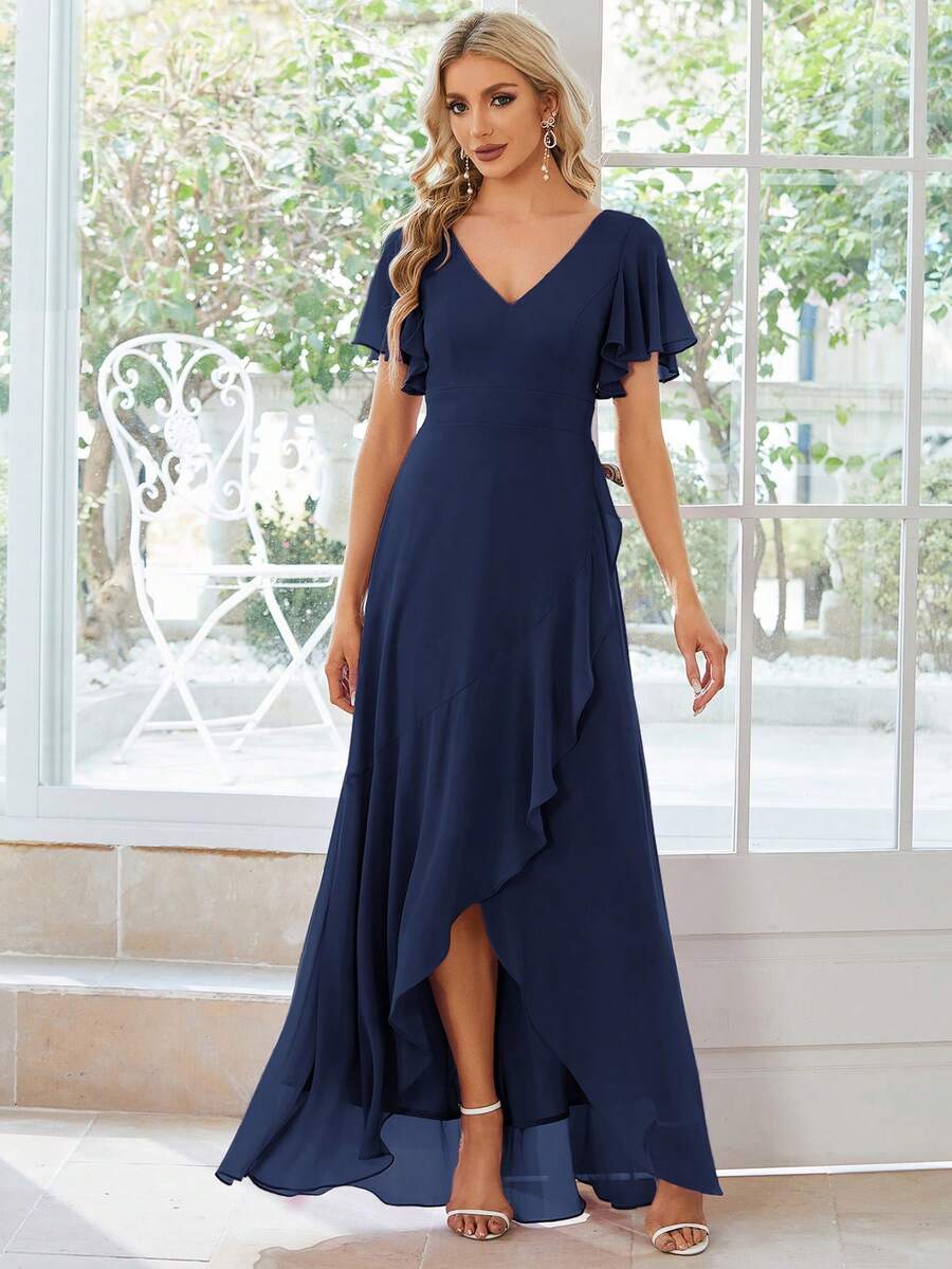 Butterfly Sleeve Ruffle Trim Wrap Hem Chiffon Bridesmaid Dress Elegant Dress