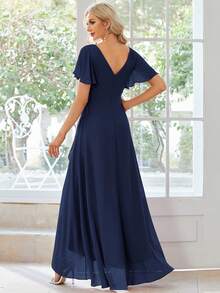 Butterfly Sleeve Ruffle Trim Wrap Hem Chiffon Bridesmaid Dress Elegant Dress - Navy Blue - View 3
