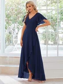 Butterfly Sleeve Ruffle Trim Wrap Hem Chiffon Bridesmaid Dress Elegant Dress - Navy Blue - View 4