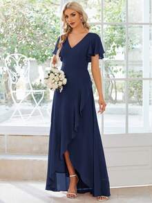 Butterfly Sleeve Ruffle Trim Wrap Hem Chiffon Bridesmaid Dress Elegant Dress - Navy Blue - View 5