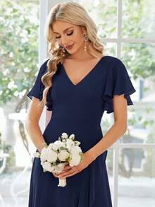 Butterfly Sleeve Ruffle Trim Wrap Hem Chiffon Bridesmaid Dress Elegant Dress - Navy Blue - View 6