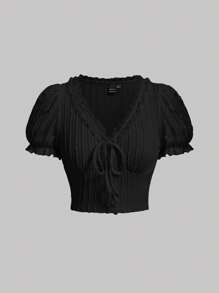 SHEIN MOD Lace Trim Knot Front Crop Tee - Black - View 1