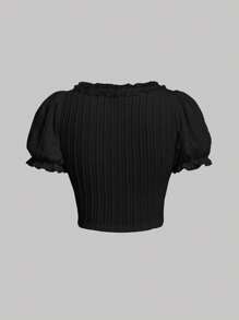 SHEIN MOD Lace Trim Knot Front Crop Tee - Black - View 2