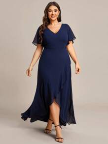 EVERPRETTY 大碼蝴蝶袖圍裹下擺雪紡伴娘連衣裙 - 藏蓝色 - 查看 6