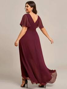 EVERPRETTY Plus Butterfly Sleeve Wrap Hem Chiffon Bridesmaid Dress - Burgundy - View 3