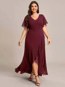 EVERPRETTY Plus Butterfly Sleeve Wrap Hem Chiffon Bridesmaid Dress - Burgundy - View 4