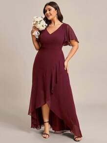 EVERPRETTY Plus Butterfly Sleeve Wrap Hem Chiffon Bridesmaid Dress - Burgundy - View 5
