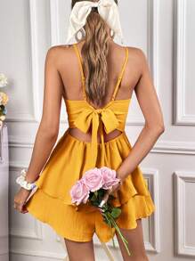 Soleia Tie Backless Two Layer Hem Cami Romper - Mustard Yellow - View 1