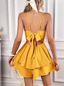Soleia Tie Backless Two Layer Hem Cami Romper - Mustard Yellow - View 2
