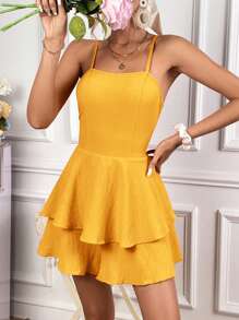 Soleia Tie Backless Two Layer Hem Cami Romper - Mustard Yellow - View 3