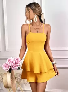 Soleia Tie Backless Two Layer Hem Cami Romper - Mustard Yellow - View 4