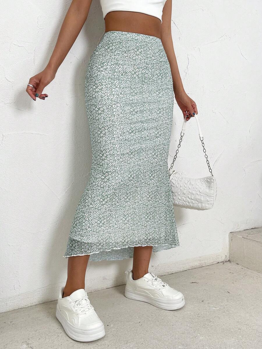SHEIN EZwear Ditsy Floral Print Mermaid Hem Skirt - Green - View 1