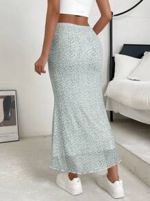 SHEIN EZwear Ditsy Floral Print Mermaid Hem Skirt - Green - View 2