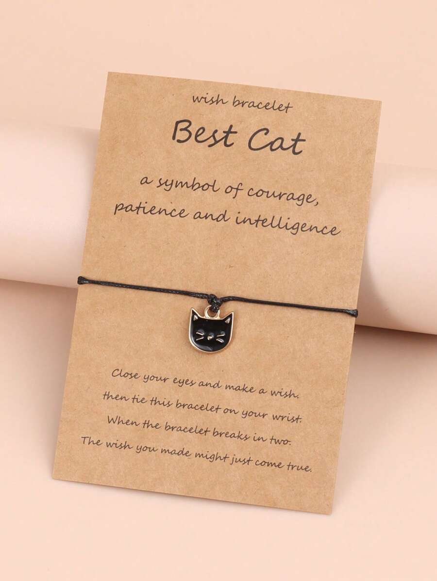 1入組時尚鋅合金貓吊墜細繩手鏈適合女士日常裝飾 - 黑色 - 查看 1