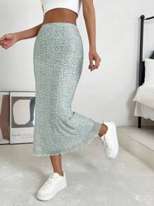 SHEIN EZwear Ditsy Floral Print Mermaid Hem Skirt - Green - View 3