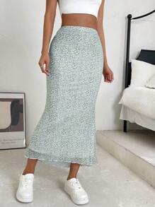 SHEIN EZwear Ditsy Floral Print Mermaid Hem Skirt - Green - View 4