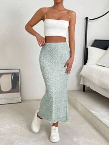 SHEIN EZwear Ditsy Floral Print Mermaid Hem Skirt - Green - View 5