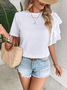SHEIN VCAY 素色荷葉邊T恤 - 白色 - 查看 2