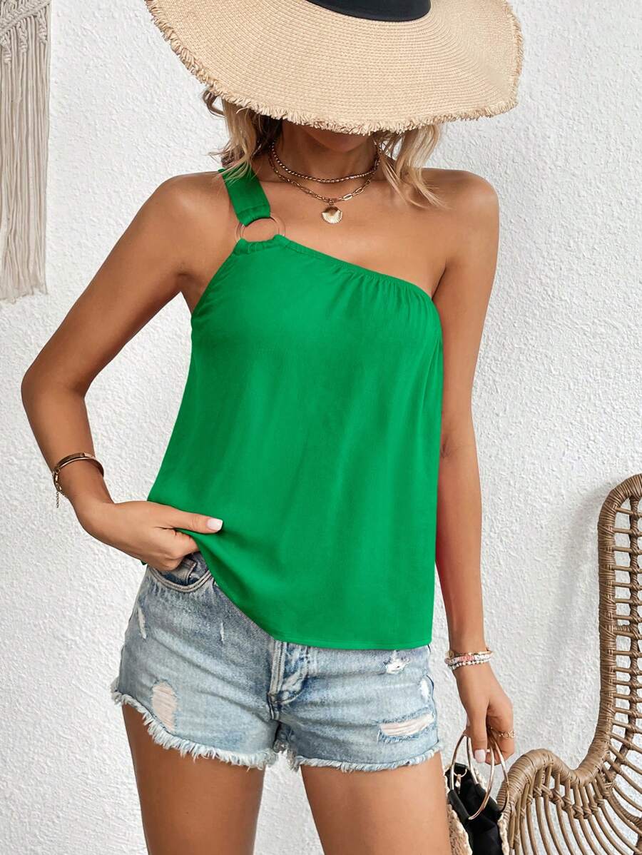 SHEIN VCAY 素色單肩圓環細節上衣 - 綠色 - 查看 1
