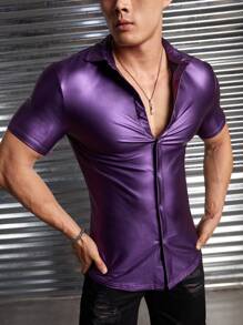 FeverCity Men Solid Button Up Shirt - Violet Purple - View 4