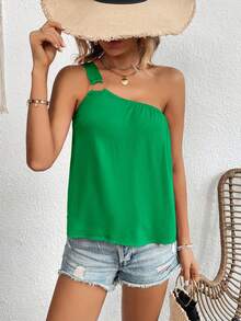 SHEIN VCAY 素色單肩圓環細節上衣 - 綠色 - 查看 5