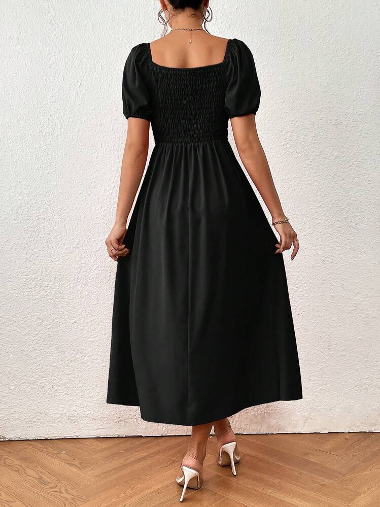 Chiquease Tie Front Puff Sleeve Split Thigh Dress Maxi Women Outfit - Black - View 2