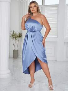 D&M 大碼單肩鬱金香下擺緞面連衣裙 - 藍色 - 查看 4