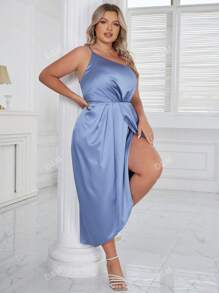 D&M Plus One Shoulder Tulip Hem Satin Dress