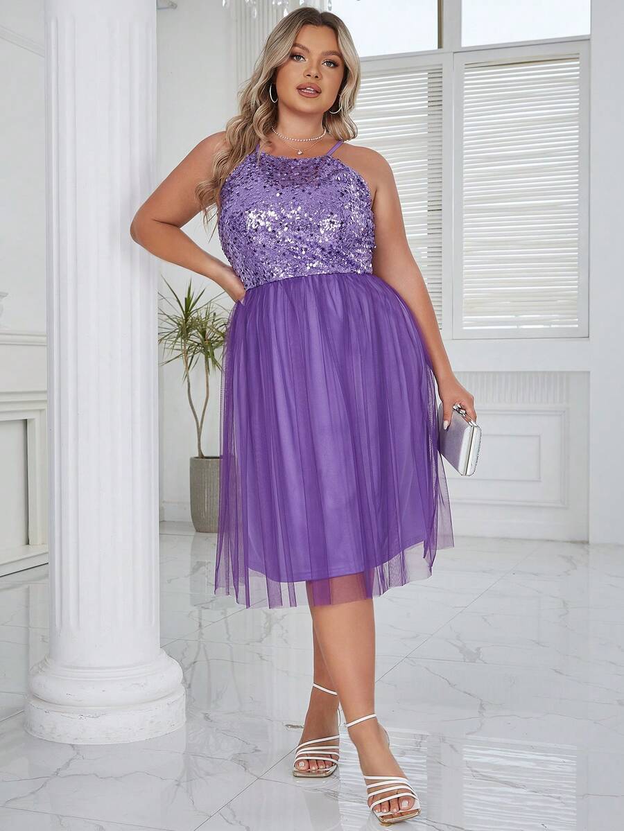 D&M Plus Contrast Sequin Mesh Overlay Dress - Purple - View 1