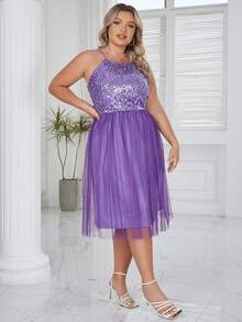 D&M Plus Contrast Sequin Mesh Overlay Dress - Purple - View 3