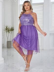 D&M Plus Contrast Sequin Mesh Overlay Dress - Purple - View 4