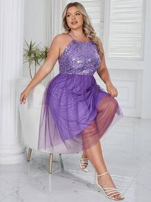 D&M Plus Contrast Sequin Mesh Overlay Dress - Purple - View 5