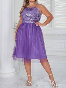 D&M Plus Contrast Sequin Mesh Overlay Dress - Purple - View 6