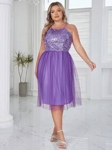 D&M Plus Contrast Sequin Mesh Overlay Dress - Purple - View 7