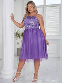 D&M Plus Contrast Sequin Mesh Overlay Dress - Purple - View 8