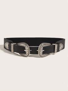 1pc Women Geometric Detail Double Buckle Fashion Belt For Daily Life - Black - View 1