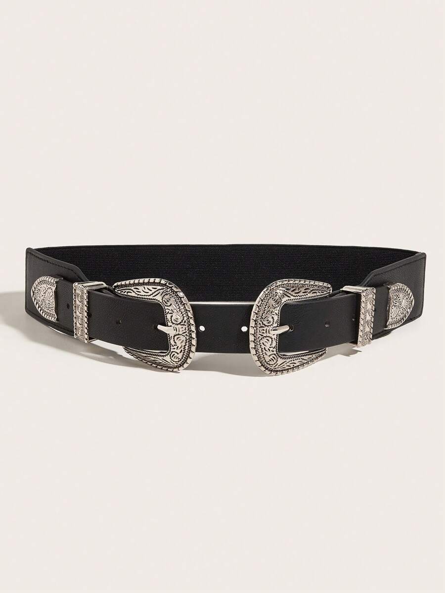1pc Women Geometric Detail Double Buckle Fashion Belt For Daily Life - Black - View 1
