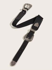 1pc Women Geometric Detail Double Buckle Fashion Belt For Daily Life - Black - View 2