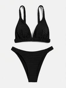 纹理比基尼套装三角文胸和露臀两件套泳衣，适合夏季海滩度假 - 黑色 - 查看 1