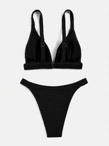 纹理比基尼套装三角文胸和露臀两件套泳衣，适合夏季海滩度假 - 黑色 - 查看 2