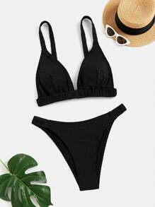 纹理比基尼套装三角文胸和露臀两件套泳衣，适合夏季海滩度假 - 黑色 - 查看 3